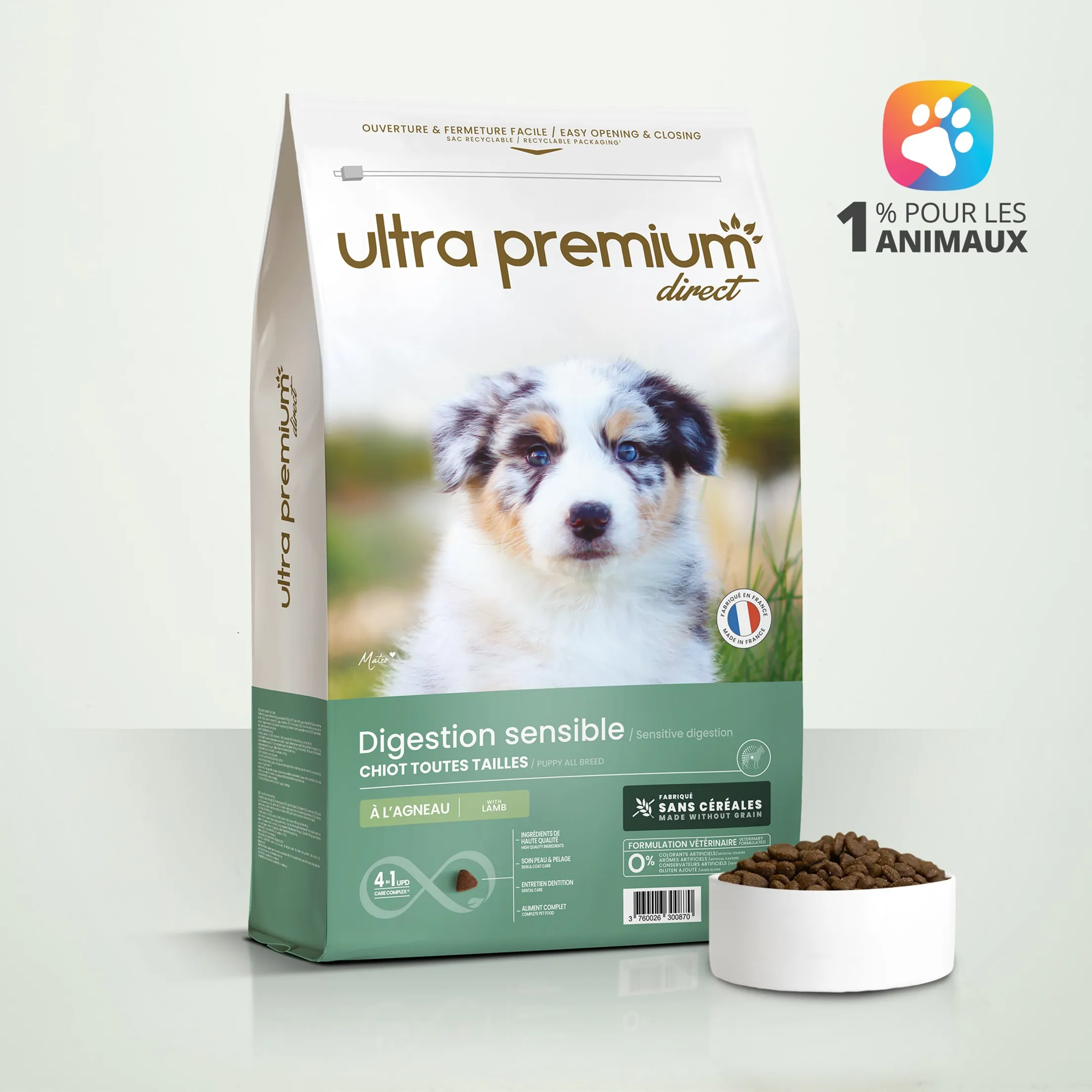 Croquettes Sans Céréales pour Chiot Digestion Sensible Toutes Tailles
